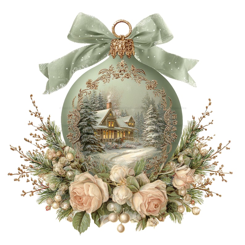 May include: A sage green Christmas ornament featuring a central illustration of a snow-covered cabin in a forest. The ornament is framed by an ornate gold border, topped with a matching sage green ribbon bow, and accented with pale pink roses and pine.