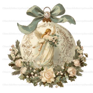 May include: A round cream-colored Christmas ornament featuring an illustration of an angel holding a bouquet of white roses. The ornament is topped with a sage green ribbon bow and decorated at the base with a wreath of white roses and pine.