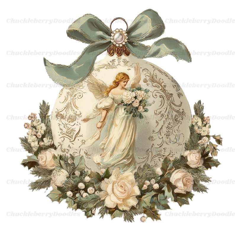 May include: A round cream-colored Christmas ornament featuring an illustration of an angel holding a bouquet of white roses. The ornament is topped with a sage green ribbon bow and decorated at the base with a wreath of white roses and pine.