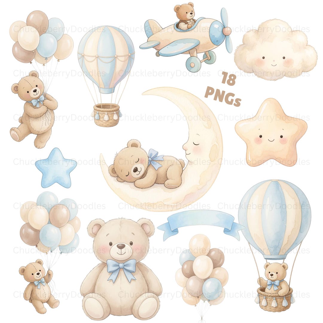 Teddy Bear Clipart Watercolor (18 PNG) Bundle Baby Blue Beige Nursery ...
