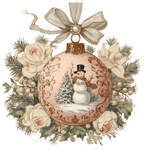 May include: A pale pink Christmas ornament featuring a snowman in a top hat and a pine tree, surrounded by white roses, green pine needles, and white berries. The ornament is topped with a gold cap and a large, light-colored fabric bow.