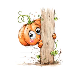 Könnte beinhalten: Eine Aquarellillustration eines orangefarbenen Kürbisses mit großen, ausdrucksstarken Augen und einem kleinen Lächeln, der hinter einem vertikalen Holzpfosten hervorlugt. Der Kürbis hat grüne Ranken und Blätter sowie eine hellbraune Holzmaserung.