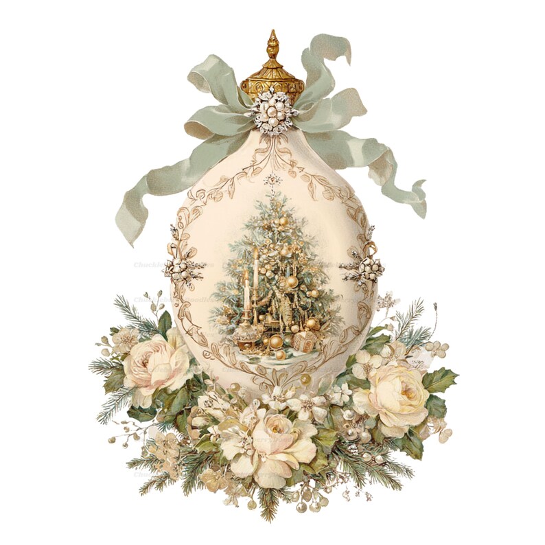 May include: An oval-shaped cream-colored ornament featuring a central illustration of a decorated Christmas tree with gold accents. The ornament is topped with a light green ribbon bow and a pearl brooch, and adorned with cream roses and pine needles.