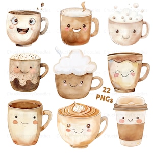 May include: Watercolor illustrations of various coffee cups with cute, smiling faces. The cups are in shades of brown and beige, with details like steam, whipped cream, and coffee beans. The image includes the text "22 PNGs".