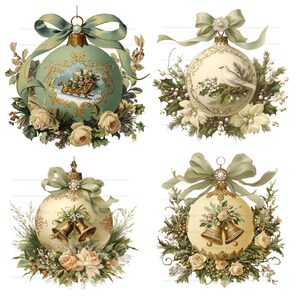 May include: Four round Christmas ornaments featuring intricate designs. One is sage green with a sleigh, while three are cream-colored with images of a white bird and golden bells. Each is adorned with a large fabric bow, roses, and pine greenery.