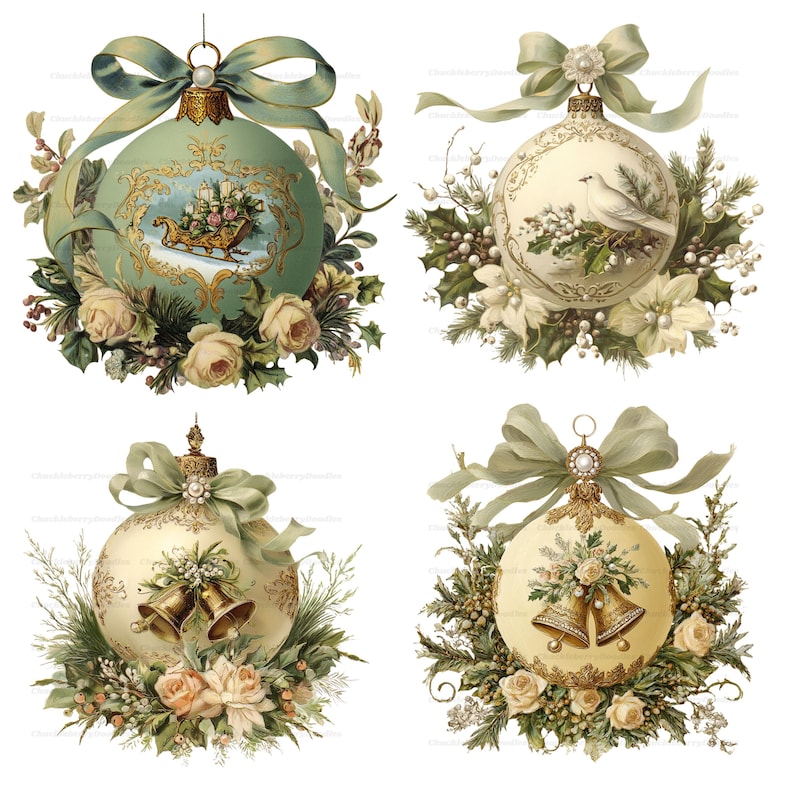 May include: Four round Christmas ornaments featuring intricate designs. One is sage green with a sleigh, while three are cream-colored with images of a white bird and golden bells. Each is adorned with a large fabric bow, roses, and pine greenery.