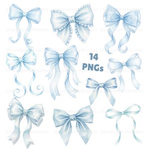 Könnte beinhalten: Eine Sammlung von 14 Aquarell-PNG-Bildern von hellblauen Schleifen in verschiedenen Stilen. Die Schleifen haben fließende Bänder und eine weiche, pastellfarbene Farbpalette. Der Text "14 PNGs" ist enthalten.