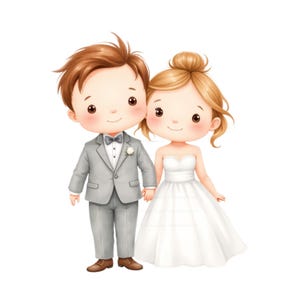 May include: A delightful illustration of a bride and groom. The groom is in a grey suit with a bow tie and brown shoes. The bride wears a white strapless wedding dress. They are holding hands and smiling, ideal for wedding-related items.