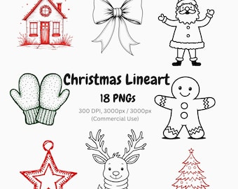 Weihnachten Line Art Clipart PNG: Minimalistische Feiertagsgrafiken - Schwarzweiße festliche Linienzeichnung für Kunsthandwerk, Dekor, Malseiten, Karten