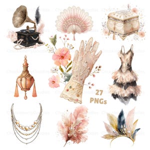 May include: Watercolor illustrations of vintage items, including a gramophone, fan, jewelry box, glove, dress, necklace, and decorative feathers. The color palette is soft, with shades of pink, gold, and black. The text "27 PNGs" is visible.