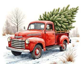 Watercolor Christmas Truck Clipart – Vintage Holiday Art (Commercial Use)