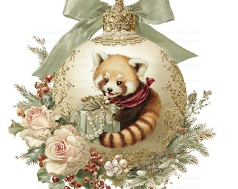 Woodland Animals Ornaments Clipart (20 PNG), Vintage Holiday Baubles PNG, Winter Forest Creatures Art, Deer Fox Bear Raccoon