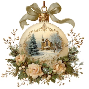 May include: A round cream-colored Christmas ornament featuring a winter church scene with a snow-covered pine tree. The ornament is decorated with gold glitter filigree, pale pink roses, green pine needles, and a cream-colored ribbon bow on top.