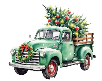 Jullastbil akvarell Clipart: Julgran PNG (Kommersiellt bruk)