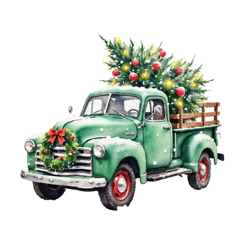 Puede incluir: Ilustraci&oacute;n en acuarela de una camioneta verde vintage decorada para Navidad. La caja de la camioneta lleva un &aacute;rbol de Navidad adornado con adornos rojos y luces. Una corona y un lazo adornan el frente. La nieve acent&uacute;a la escena.
