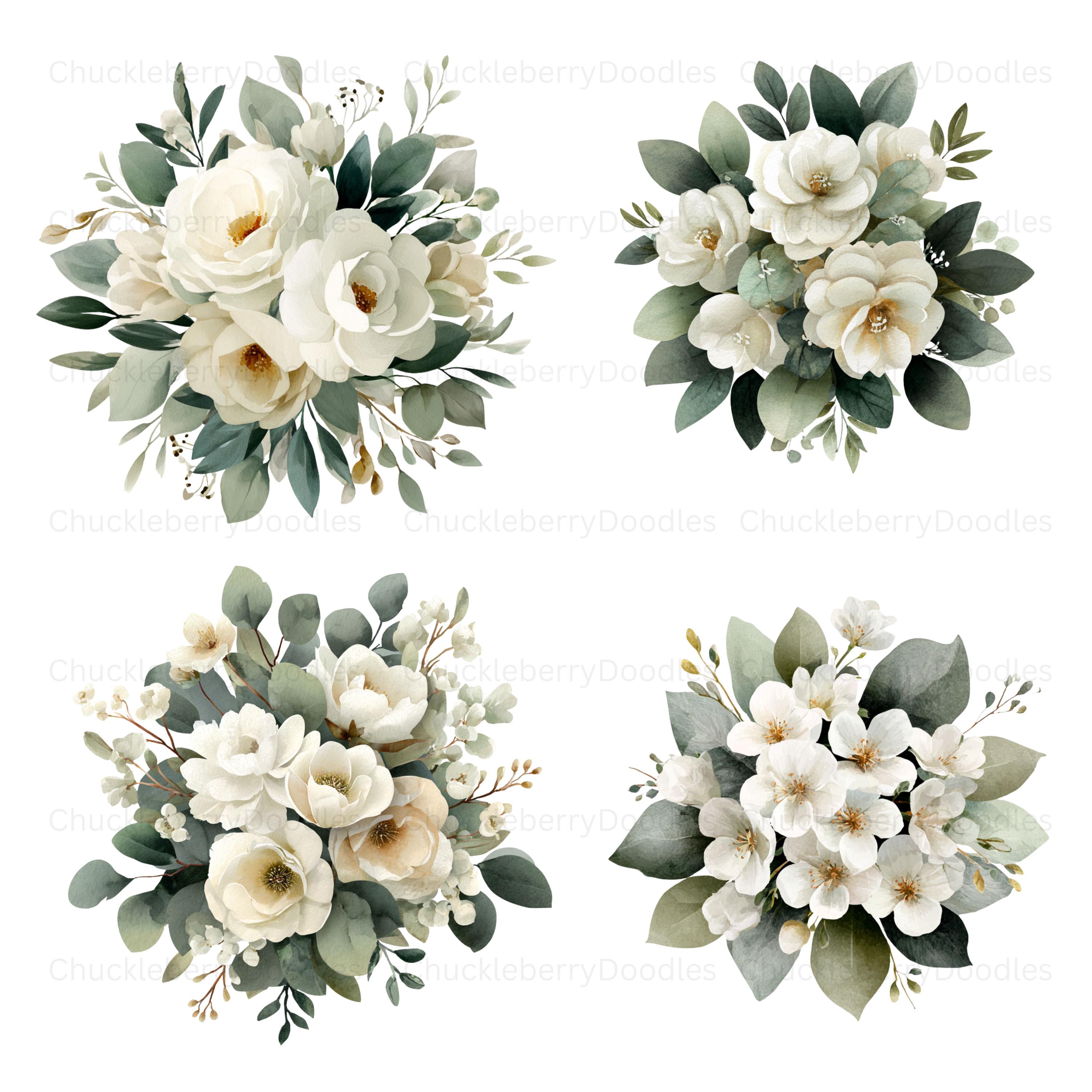 Watercolor White Flowers Clipart - 33 White Roses and Hydrangeas Pngs ...