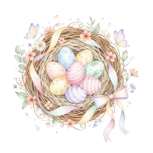 Op de afbeelding: Waterverfillustratie van een paasnest met pastelkleurige eieren. Het nest is gemaakt van geweven twijgen en is omgeven door bloemen, bladeren en linten. Twee vlinders zijn ook aanwezig, wat bijdraagt aan het lentethema.