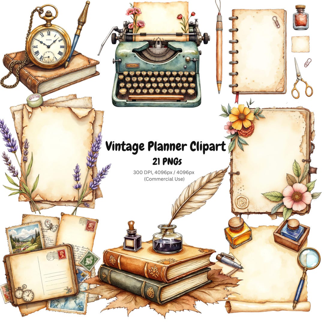 21 Watercolor Vintage Style Planner Pngs |digital Download Planner Cliparts - Etsy