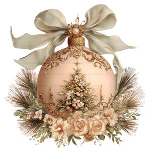 May include: A round, pale pink Christmas ornament featuring a central illustration of a decorated tree, flanked by two candles. The ornament is adorned with gold filigree, topped with a large, light-colored fabric bow, and accented with pine needles and roses.