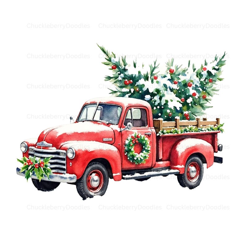 Puede incluir: Ilustraci&oacute;n en acuarela de una camioneta roja vintage que transporta un &aacute;rbol de Navidad cubierto de nieve. La camioneta tiene una corona y una guirnalda, evocando una escena festiva navide&ntilde;a.