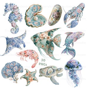 May include: A collection of digital illustrations featuring marine life including a seahorse, oyster with pearl, lobster, stingray, angelfish, fish, shrimp, coral, starfish, sea turtle, and jellyfish, all decorated with intricate blue and pink floral patterns.