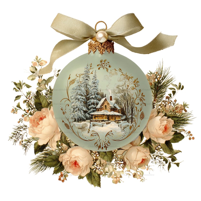 May include: A pale green Christmas ornament featuring a winter landscape with a cabin and pine trees, framed by gold filigree. The ornament is topped with a beige ribbon and a pearl, and surrounded by a wreath of pale pink roses and pine needles.
