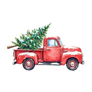 Puede incluir: Ilustraci&oacute;n en acuarela de una camioneta roja vintage que transporta un &aacute;rbol de Navidad cubierto de nieve. La camioneta tiene un dise&ntilde;o cl&aacute;sico con un cap&oacute; curvo y una parrilla delantera detallada. El &aacute;rbol est&aacute; adornado con adornos rojos.