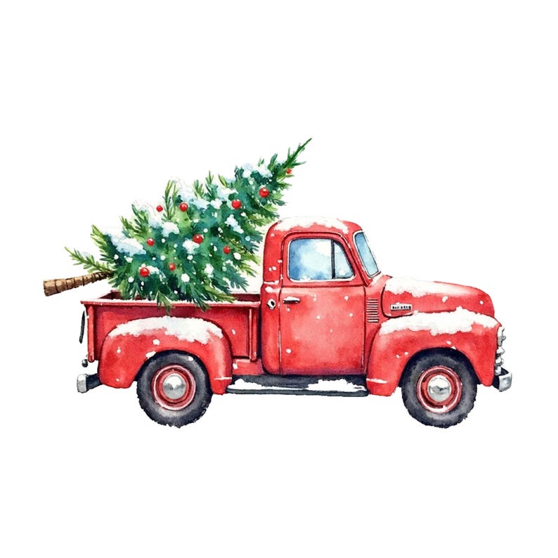 Puede incluir: Ilustraci&oacute;n en acuarela de una camioneta roja vintage que transporta un &aacute;rbol de Navidad cubierto de nieve. La camioneta tiene un dise&ntilde;o cl&aacute;sico con un cap&oacute; curvo y una parrilla delantera detallada. El &aacute;rbol est&aacute; adornado con adornos rojos.