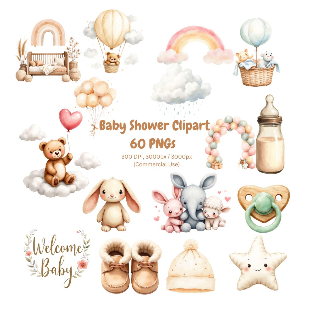 Watercolor Baby Shower Clipart PNG Bundle : Cute Nursery & Baby ...