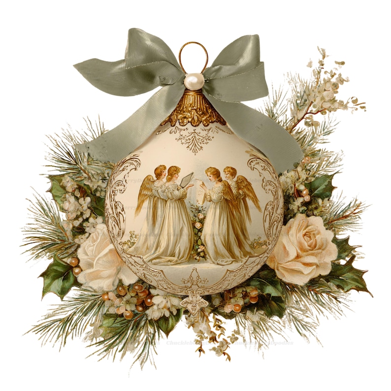 May include: A cream-colored spherical Christmas ornament featuring a printed illustration of four angels in long robes. The ornament is topped with a sage green ribbon bow and is surrounded by a decorative arrangement of pine needles and roses.