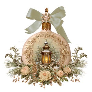 May include: A round, cream-colored Christmas ornament featuring a central illustration of a glowing lantern surrounded by a decorative gold frame. The ornament is topped with a pale green satin bow and accented with pine branches and cream roses.