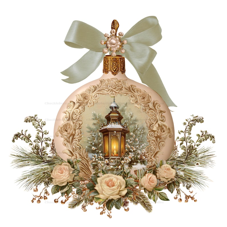 May include: A round, cream-colored Christmas ornament featuring a central illustration of a glowing lantern surrounded by a decorative gold frame. The ornament is topped with a pale green satin bow and accented with pine branches and cream roses.