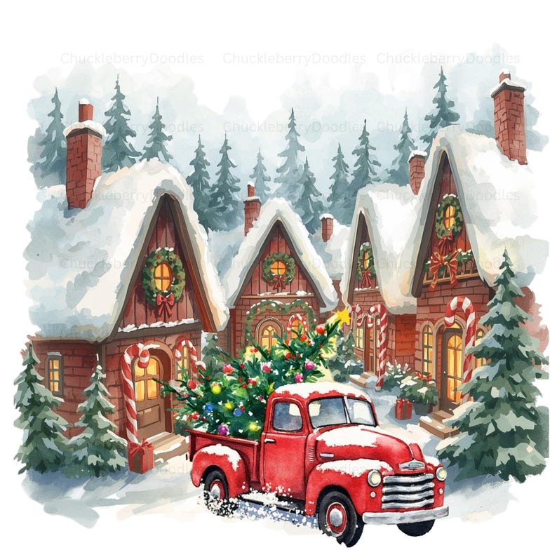 Puede incluir: Ilustraci&oacute;n en acuarela de una escena navide&ntilde;a nevada. Una camioneta roja transporta un &aacute;rbol de Navidad a trav&eacute;s de un pueblo de casas cubiertas de nieve. Las casas est&aacute;n decoradas con coronas y luces, y bastones de caramelo bordean los caminos.