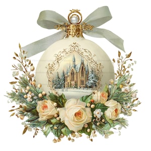 May include: A cream-colored spherical Christmas ornament featuring a central illustration of a stone church surrounded by snow-covered trees. The ornament is adorned with a gold filigree frame, a light green ribbon, and a cluster of cream roses.