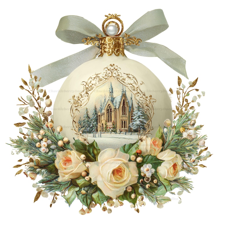 May include: A cream-colored spherical Christmas ornament featuring a central illustration of a stone church surrounded by snow-covered trees. The ornament is adorned with a gold filigree frame, a light green ribbon, and a cluster of cream roses.