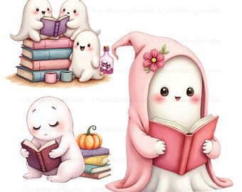 Conjunto de imágenes prediseñadas de fantasmas de libros en tonos pastel: Fantasmas de lectura en acuarela (PNG, uso comercial)