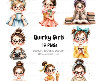 Whimsical Quirky Girl Clipart : Cute Girl PNG Bundle,  Playful Digital Illustrations Digital Download, Commercial Use