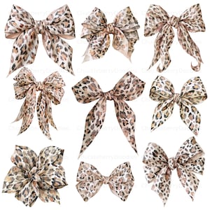 May include: A collection of nine watercolour-style bows featuring a brown, tan, and black leopard print pattern. Each bow displays a unique shape, ranging from wide, multi-layered loops to long, flowing tails, all showcasing the same animal print.