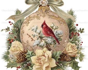 May include: A round, pale pink Christmas ornament featuring a red cardinal perched on a snowy branch, adorned with gold filigree, a sage green ribbon bow, and a cluster of white roses, pine needles, holly leaves, and brown pinecones.