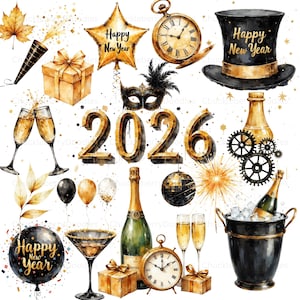 Paquete de imágenes prediseñadas de Año Nuevo 2026 (39 PNG) - Arte digital festivo en acuarela para la víspera de Año Nuevo - Gráficos brillantes para tarjetas y decoración