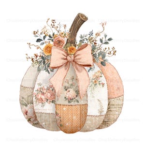 May include: A decorative pumpkin illustration featuring a patchwork design with various floral patterns in shades of peach, cream, and orange. A large, light peach-coloured bow sits at the top, accented by a bouquet of dried flowers and a brown stem.