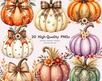 Watercolor Fall Pumpkin Clipart Set: Autumn Floral PNGs (Commercial Use, Instant Download