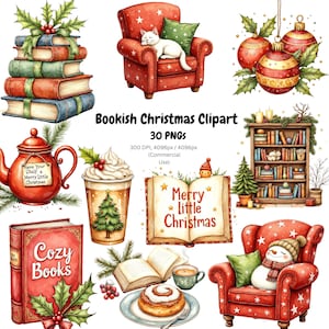 Può includere: Clipart natalizio ad acquerello con una poltrona rossa con un gatto bianco, un pupazzo di neve e una pila di libri. Altri elementi includono ornamenti, una teiera e una tazza di caffè. Il testo include "Bookish Christmas Clipart" e "Merry Little Christmas."
