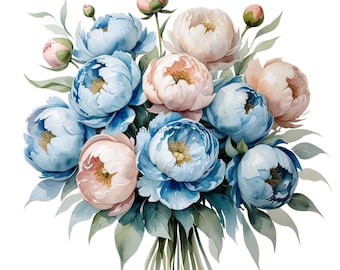 Watercolor Peonies Clipart: Pink & Blue Floral Graphics (Commercial Use PNG Bundle