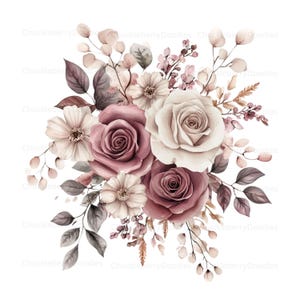 Puede incluir: Arreglo floral en acuarela con rosas y otras flores en tonos malva, crema y rosa empolvado. El ramo incluye varias hojas y ramitas, todo sobre un fondo blanco. La imagen tiene una estética suave y romántica.