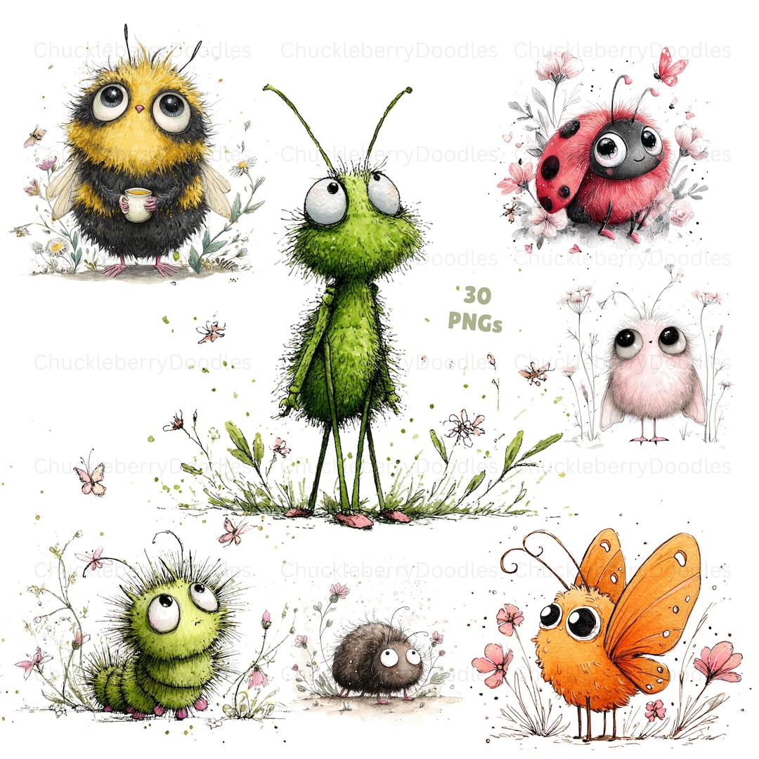 Spring Cartoon Bugs Watercolor Spring Bug Clipart - (30 Pngs) Whimsical Garden Insect ...