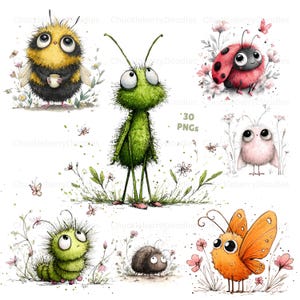 May include: Watercolor illustrations of whimsical insects, including a bee, ladybug, and butterfly, surrounded by flowers and greenery. The image includes the text "30 PNGs". The style is soft and colorful, perfect for digital art projects.