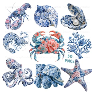 May include: A collection of nine digital illustrations featuring marine life including a lobster, crab, octopus, starfish, and various shells, all decorated with a blue and white floral pattern, with the text 50 PNGs visible on the right side.