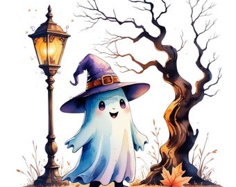 14 Halloween Ghost Clipart – Watercolor Spooky PNG Bundle (Commercial Use)
