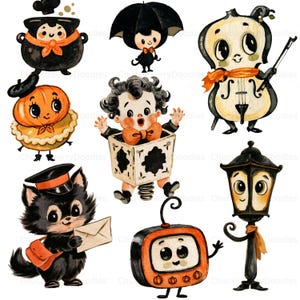 May include: A collection of whimsical illustrations featuring a black cauldron, a character with an umbrella, a cello player, a pumpkin-topped figure, a jack-in-the-box, a black cat with a letter, a vintage television, and a street lamp.